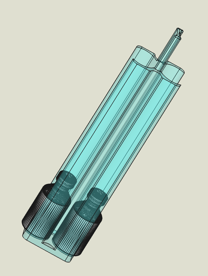 Large rectangular caddy with 2 medicine vials shown inside at the bottom.  Sleeve holds vials with an internal wall between them, and outer wall cutouts to enable manual individual removal.  Sleeve is meant to allow up to 8 vials to be stacked upward in a 2x4 layout.