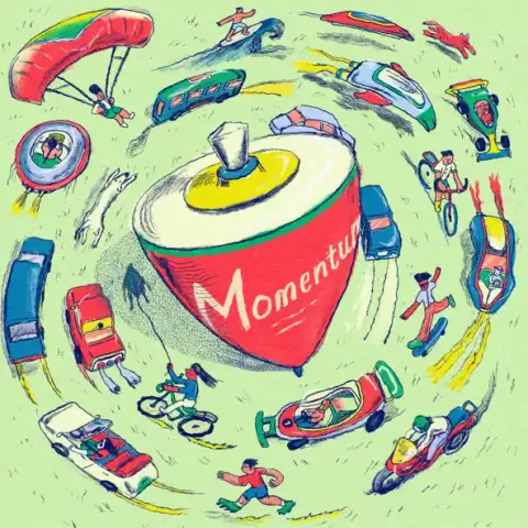Album cover for Momentum by Lucid Green. The artwork features a large red spinning top at the center with the word “Momentum” written on it. The top is surrounded by various vehicles and people—bicycles, scooters, skateboards, cars, and a parachute—swirling in motion, symbolizing speed, activity, and kinetic energy.
