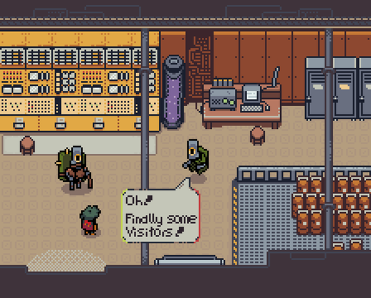 An old laboratory with some robots and a human character.