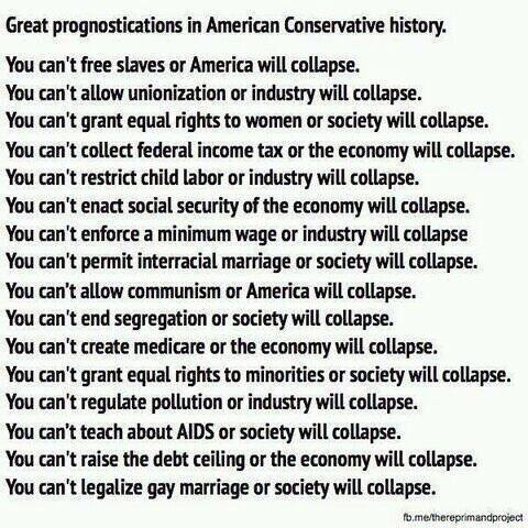 Great prognostications in American Conservative history. 
You can't free slaves or America will collapse. 
You can't allow unionization or industry will collapse. 
You can't grant equal rights to women or society will collapse. 
You can't collect federal income tax or the economy will collapse. 
You can't restrict child labor or industry will collapse. 
You can't enact social security of the economy will collapse. 
You can't enforce a minimum wage or industry will collapse 
You can't permit interracial marriage or society will collapse. 
You can't allow communism or America will collapse. 
You can't end segregation or society will collapse. 
You can't create medicare or the economy will collapse. 
You can't grant equal rights to minorities or society will collapse. 
You can't regulate pollution or industry will collapse. 
You can't teach about AIDS or society will collapse. 
You can't raise the debt ceiling or the economy will collapse. 
You can't legalize gay marriage or society will collapse.