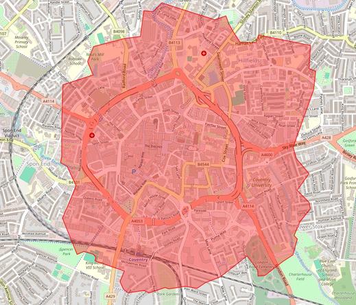 A graphic showing the outline of the Glastonbury site (in red) overlaying a map of the centre of Coventry. The ring road is easily within the Glastonbury site, and the railway to Nuneaton wraps around it on the left.
