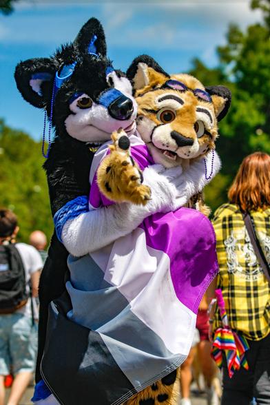 Fursuit photo of Cryptodawg giving Obscura a big hug from behind. Obscura is reaching out towards the camera and is wearing an asexual flag as a cape