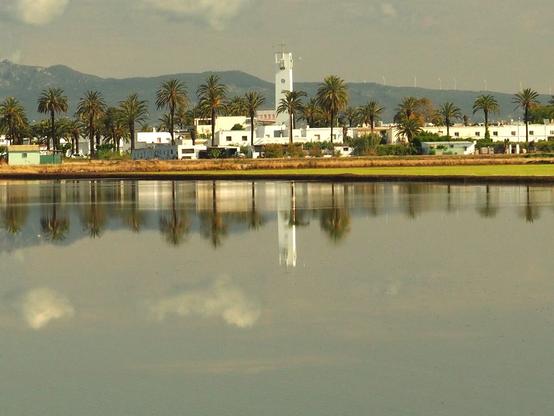 Vemos Reflejada la pequeña villa de Poblenou del Delta, en uno de los arrazales inundado. Aparece reflejada en el agua la torre blanca de la iglesia y sus casitas, también blancas, que se distribuyen entre numerosas palmeras acompañadas de pequeñas nubes. Al fondo se aprecia la montaña con algunos aerogeneradores o molinos de energía eólica