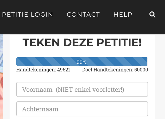 Screenshot van een petitie met 49.612 handtekeningen.

Het doel staat op 50.000 en de progress bar op 99%.