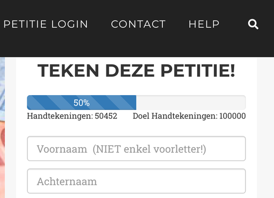 Screenshot van dezelfde petitie iets later, met 50452 handtekeningen.

Het doel staat plotseling ineens op 100.000 en de progress bar op 50%.