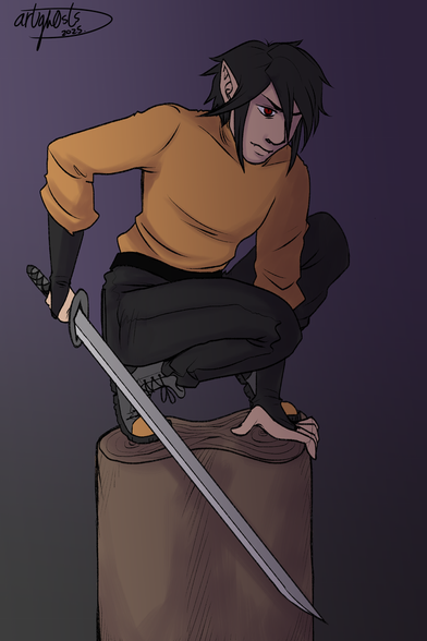 Ferryn has dark hair, pale skin, and red eyes. They have pointed ears and teeth as well. They're posed up on a cut tree trunk, which appears to be two trees fused into one. They are wearing a golden-yellow shirt and black pants, carrying in their right arm a long, thin blade. They stare ahead intently.