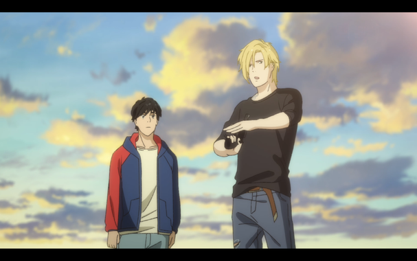 A screen grab of ash and eiji on the coast of cape cod. Ash is loading a gun while talking to eiji. Eiji, being the inn9cent little bean he is, wants a go.