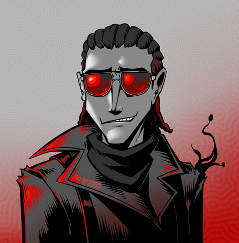 Luchino Diruse from IdentityV in his "Emergency Transport" skin.
The image is in greyscale with the exeption of red highlights.