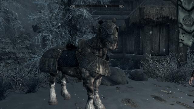 Dragonborn’s horse in steel armor standing in a wintery scene