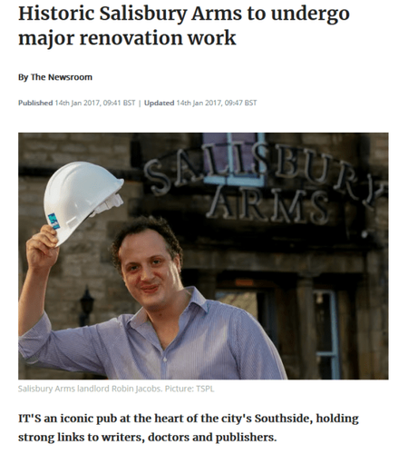 "Historic Salisbury Arms to undergo major renovation work", Evening News, January 14th 2017.