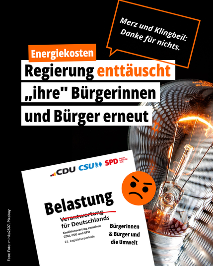 Kritik an Regierung
Schwarzer Hintergrund mit orange leuchtender Glühbirne.
Oben die Überschrift: „Energiekosten – Regierung enttäuscht ihre Bürgerinnen und Bürger erneut“.
Darunter der Koalitionsvertrag von SPD, CDU und CSU.
Der Satz „Verantwortung für Deutschland“ ist durchgestrichen; stattdessen steht dort „Belastung für Deutschlands Bürgerinnen und Bürger“.
Rechts oben: ein wütendes Emoji und eine Sprechblase mit dem Satz: „Merz und Klingbeil: Danke für nichts“.