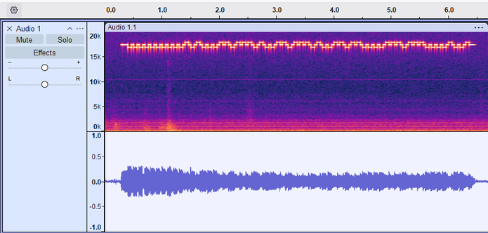 A screenshot taken of audacity, in which you can see a waveform (that seems loud, but that's about it) and a spectrogram (in which the encoded characters are clearly visible)