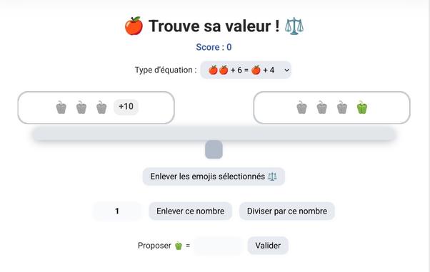 Copie d'écran de l'application avec des poivrons d'un côté et de l'autre d'une balance de Roberval. Quelques boutons sont présents pour manipuler les poivrons et les nombres sur la balance.