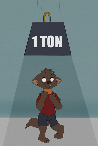 A cartoon marten cringes in on himself while looking up at the 1-ton weight that is about to fall down on him.