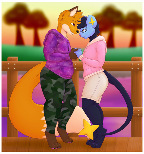 A fullbody shaded piece of Fade, a chubby orange, cream, and brown fox, and Vex, a curly haired Shinx, standing on a bridge with their hands and foreheads together. Fade is wearing green camo pants with a purple galaxy hoodie, while Vex is wearing light khaki shorts with a white trimmed pink hoodie.