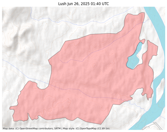 Visual map representation of the Lush wildfire, showing the perimeters of the 9345.696754300687 acre fire on a map.