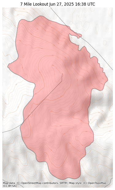 Visual map representation of the 7 Mile Lookout wildfire, showing the perimeters of the 3099.6485103786067 acre fire on a map.