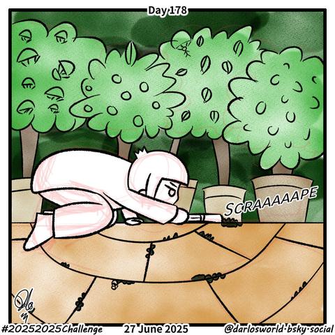 Drawing of Darlo on his hands and knees scraping weeds from between patio slabs in a garden.