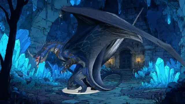 The new ancient blue dragon mini Anthradusk from WizKids in front of the background of an underground temple filled with blue crystals.