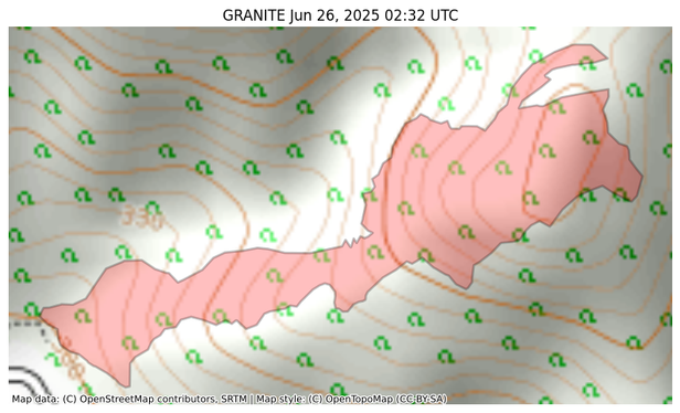 Visual map representation of the GRANITE wildfire, showing the perimeters of the 3.0 acre fire on a map.