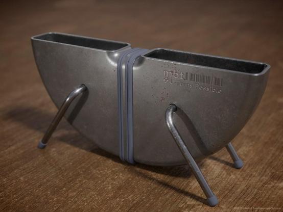 U shaped metal tube with rubberised joint in the centre, and four legs made of bent rods with rubber feet.