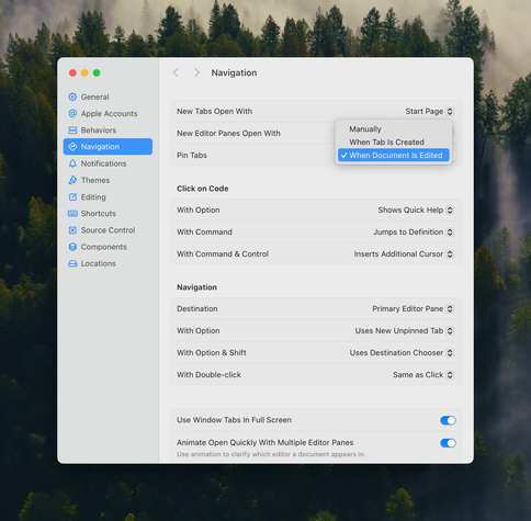 Xcode 26 settings window showing the “Navigation” section, with “Pin Tabs” set to “When Document Is Edited”.