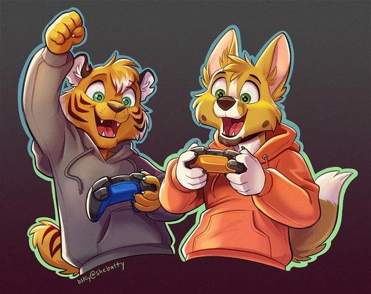 A tiger and a corgi anthro playing video games. The tiger is in a grey hoodie and the corgi is in an orange hoodie. The tiger is raising his fist and looking very excited. They are each holding a controller.