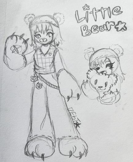 a paper sketch of a human bear hybrid. he is wearing a beanie with stitching and bear ears poking out of the top. He is wearing large paw gloves with big claws and paw pads sewn poorly into them. He is wearing a sweater vest with a little heart in the corner and nice plaid pattering. His pants are long and plain, covering what are assumed to be large paw slippers similar to the gloves. Additionally he has a yarn belt wrapped around his waist with a bear head and paw charm dangling from it. To the right side of the image there is a small doodle of the same character hugging himself in his plush form. The top of the page says "Little Bear" in a cozy font.