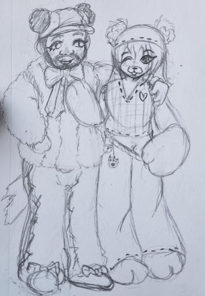 A traditional drawing of Teddy from Date Everything and Little Bear (the character described in the previous image). They are standing next to each other, Teddy with his arms wrapped around his shoulder and Little Bear playfully pushing his paw up against his chest.