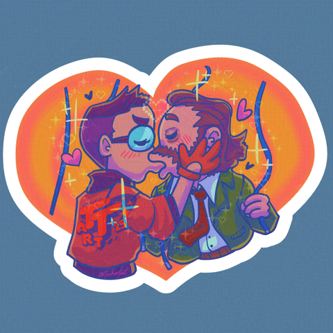 An admittedly way too cutesy illustration of Kim and Harry, 2 of the main characters of the game Disco Elysium, blushing and kissing each other on the lips at the aforementioned swingset. Delightfully over-the-top hearts and sparkles surround them and make the shape of a heart. Sorry everyone I ship these two and I have not stopped thinking about them for the past several months straight and I will make it your problem, you're welcome and im sorry. 🙏🏾 happy pride!