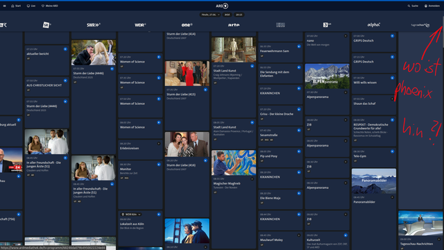 screenshot der Programmvorschau vom heutigen ARD Programm. Am rechten Bildrand war bis gestern immer die Spalte für Phoenix. Diese fehlt dort nun.