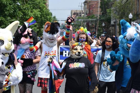 Group of fursuited and masked marchers in parade.