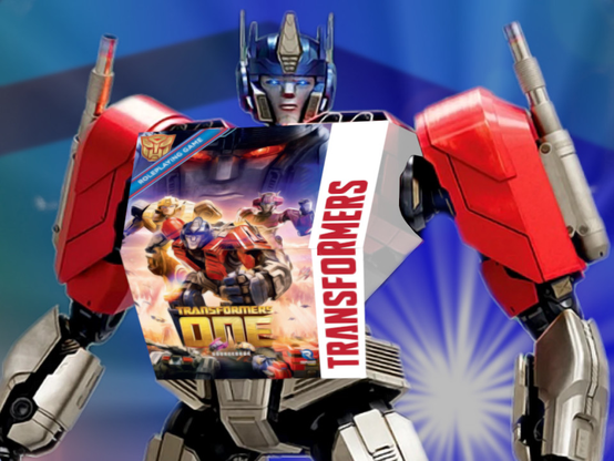 Transformers ONE's Optimus Prime, but with the Transformers ONE sourcebook as his torso, implying this book transforms your game in more ways than one.