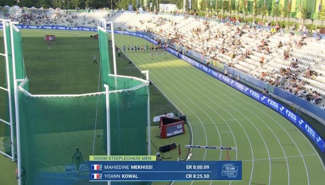eine grasgrüne Laufbqhn in einem Leichtathletik-Stadion.