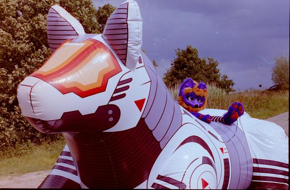 It is a purple and orange fox girl on an inflate. The skies in the background are dark and forboding, but she's doing a hand gesture as we can play some more.