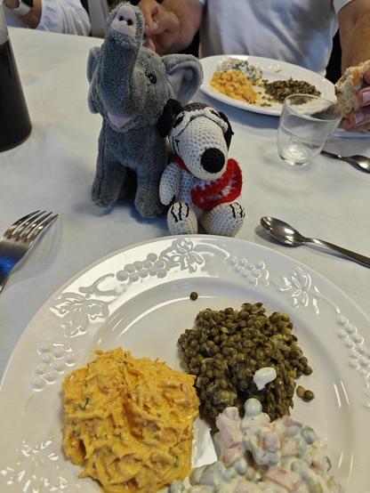 1. Gang: Salate von Linsen, Karotten und Hülsenfrüchte. Snoopy und Trötifant machen sich direkt über das Essen her.