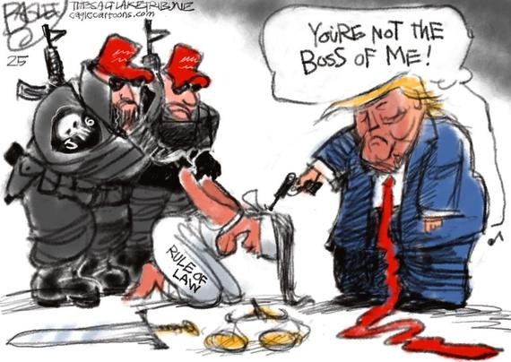 Political cartoon of trump holding a gun to a blindfolded woman in white representing the Rule of Law. Trump says "You're not the boss of me". 
Armed ICE agents are holding her down. Her sword and scales are scattered.

Cartoon is from The Alt Lake Tribune and can be found on caglecartoons.com