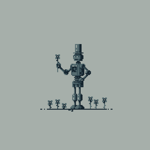 A tin-man wearing a tin top hat picks tin flowers