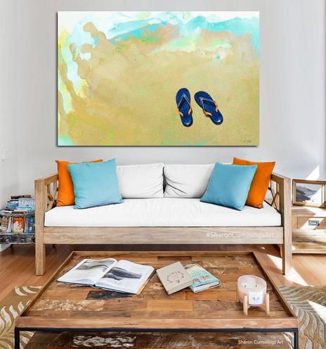 Flip flop sandals on an abstract beach painting by artist Sharon Cummings.  Haiku in post.