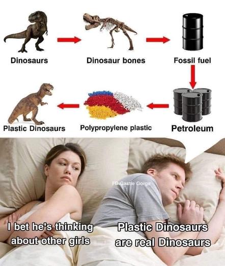 It's the "I bet he's thinking about other girls meme" with the couple in bed and the woman is looking annoyed while the guy is thinking "plastic dinosaurs are real dinosaurs" and his thought bubble is a graphic showing how dinosaurs turn into dinosaur bones, which turn into fossil fuel, which turns into petroleum, which turns into polypropylene plastic, which turns into plastic dinosaurs.