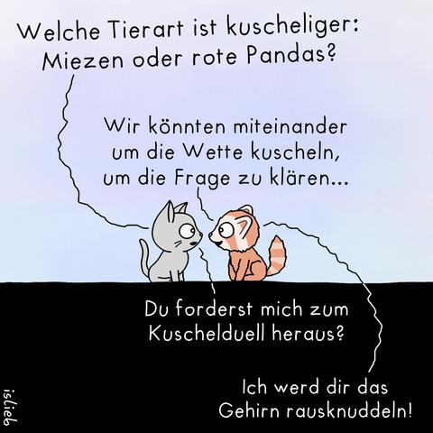 Ein Cartoon von @islieb: Ein Kätzchen und ein roter Panda sitzen sich Nase an Nase gegenüber, gucken freundlich.

K: "Welche Tierart ist kuscheliger: Miezen oder rote Pandas?"

P: "Wir könnten miteinander um die Wette kuscheln, um die Frage zu klären..."

K: "Du forderst mich zum Kuschelduell heraus?"

P: "Ich werd dir das Gehirn rausknuddeln!"
