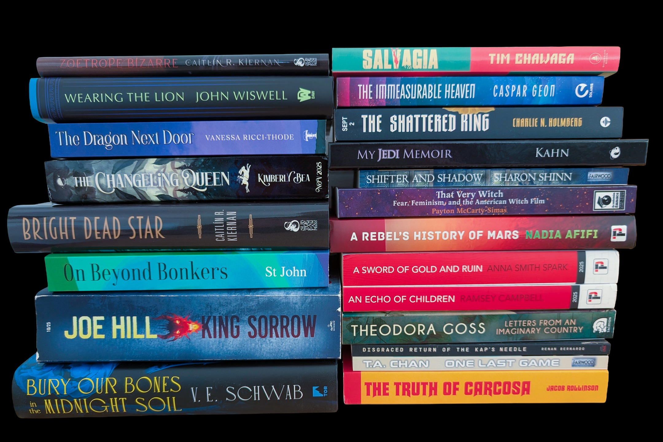 Zoetrope Bizarre, Caitlin R. Kiernan; Wearing the Lion, John Wiswell; The Dragon Next Door, Vanessa Ricci-Thode; The Changeling Queen, Kimberly Bea; Bright Dead Star, Caitlin R. Kiernan; On Beyond Bonkers, Robert St John; King Sorrow, Joe Hill; Bury Our Bones in the Midnight Soil, VE Schwab; Salvagia, Tim Chawaga; The Immeasurable Heaven, Caspar Geon; The Shattered King, Charlie N. Holmberg; My Jedi Memoir, James Kahn; Shifter and Shadow, Sharon Shinn; That Very Witch, Payton McCarty-Simas; A Rebel's History of Mars, Nadia Afifi; A Sword of Gold and Ruin, Anna Smith Spark; An Echo of Children, Ramset Campbell; Letters From an Imaginary Country, Theodora Goss; Disgraced Return of the Kap's Needle, Renan Bernardo; One Last Game, T.A. Chan; The Truth of Carcosa, Jacob Rollinson