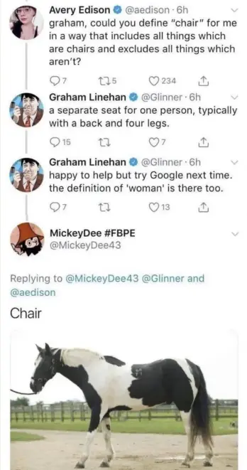 a series of tweets between Avery Edison @aedison and Graham Linehan @ginner "graham, could you define "chair" for me in a way that includes all things which are chairs and excludes all things which aren't?" "a separate seat for one person, typically with a back and four legs. happy to help but try Google next time. the definition of 'woman' is there too." MickeyDee #FBPE @MickeyDee43 comments "Chair" above a picture of a horse.