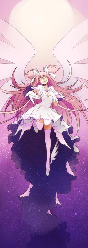 An artwork of Madoka in Goddess form from Puella Magi Madoka Magica. She's rising upwards with her one hand outstretched towards the viewer. There's a light above her head and the galaxy in her dress blends into the background.