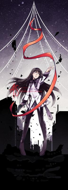 An artwork of Homura in Goddess form from Puella Magi Madoka Magica. She is depicted during Walpurgisnacht, her hand reaching for Madoka's ribbon as it flutters out of her reach.