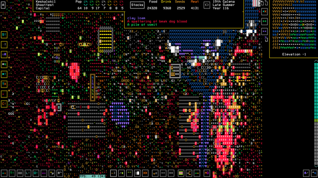A screenshot of Dwarf Fortress.  We are at ground level in the aftermath of a goblin siege. The quantity of goblin meat strewn around is getting silly.