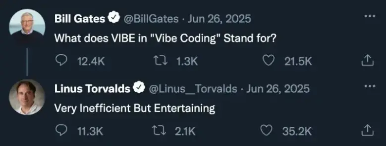 naziportal screenshot. Bill Gates: "What does VIBE in "Vibe Coding" Stand for?" Linus Torvalds: "Very Inefficient But Entertaining"