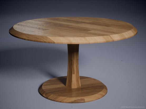 circular wood table with a single column leg