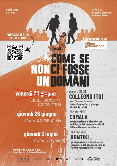 Locandina del film "Come se non ci fosse un domani".
Il disegno rappresenta due uomini, di cui si vede la silhouette nera, mentre trascinano per le braccia una ragazza che resta seduta per terra e dalla quale si staglia una lunga ombra arancione che divide in due la strada altrimenti in bianco. Sullo sfondo di una luce bianca altre persone sono rappresentate in arancione, sedute.
Sulla locandina sono riportati i dati sul film (registi, produzione, ...) e le date di alcune proiezioni.