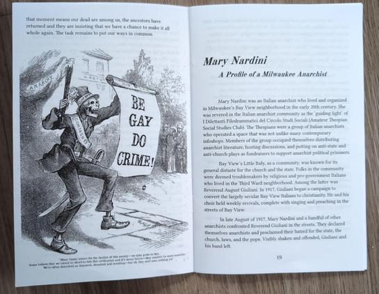 inner text about mary nardini, and the classic meme of a 19th century engraving of a anarchist communist terrorist skeleton wildly holding a scroll that reads "be gay, do crime!".